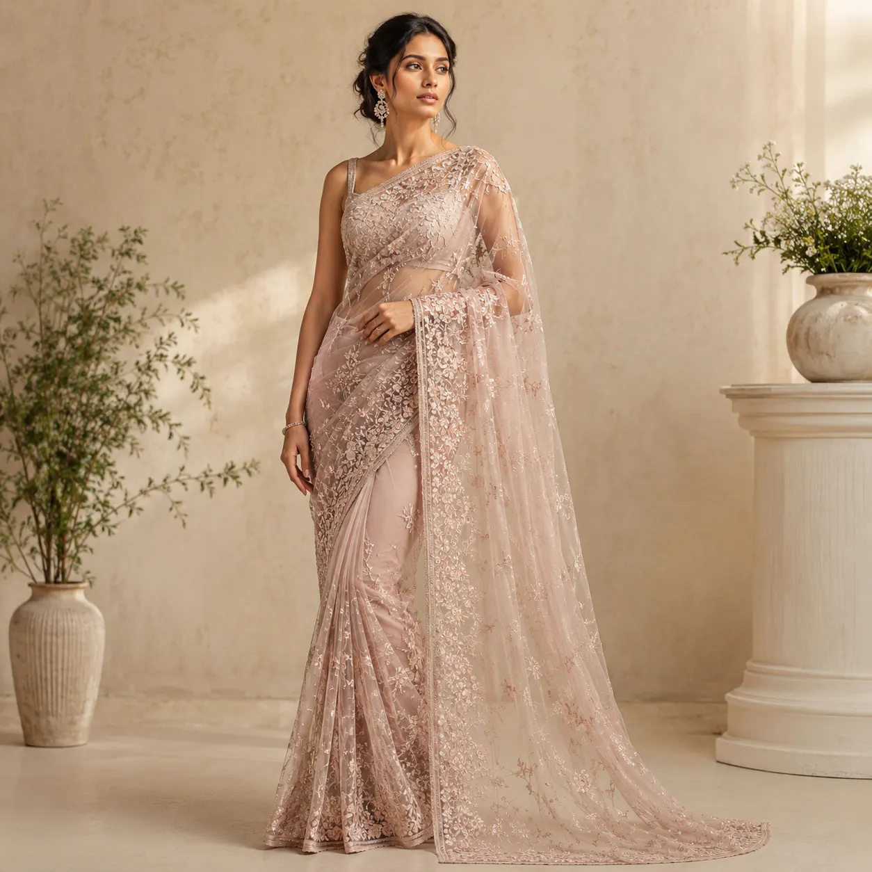 Embroidered Net Saree