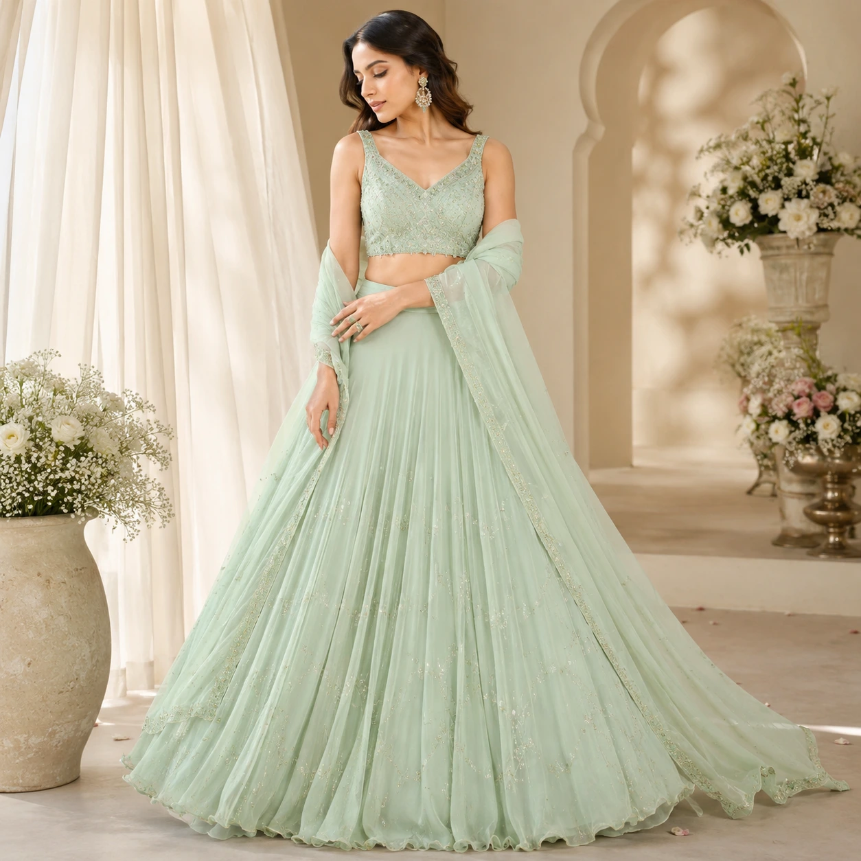 Mint Georgette Lehenga